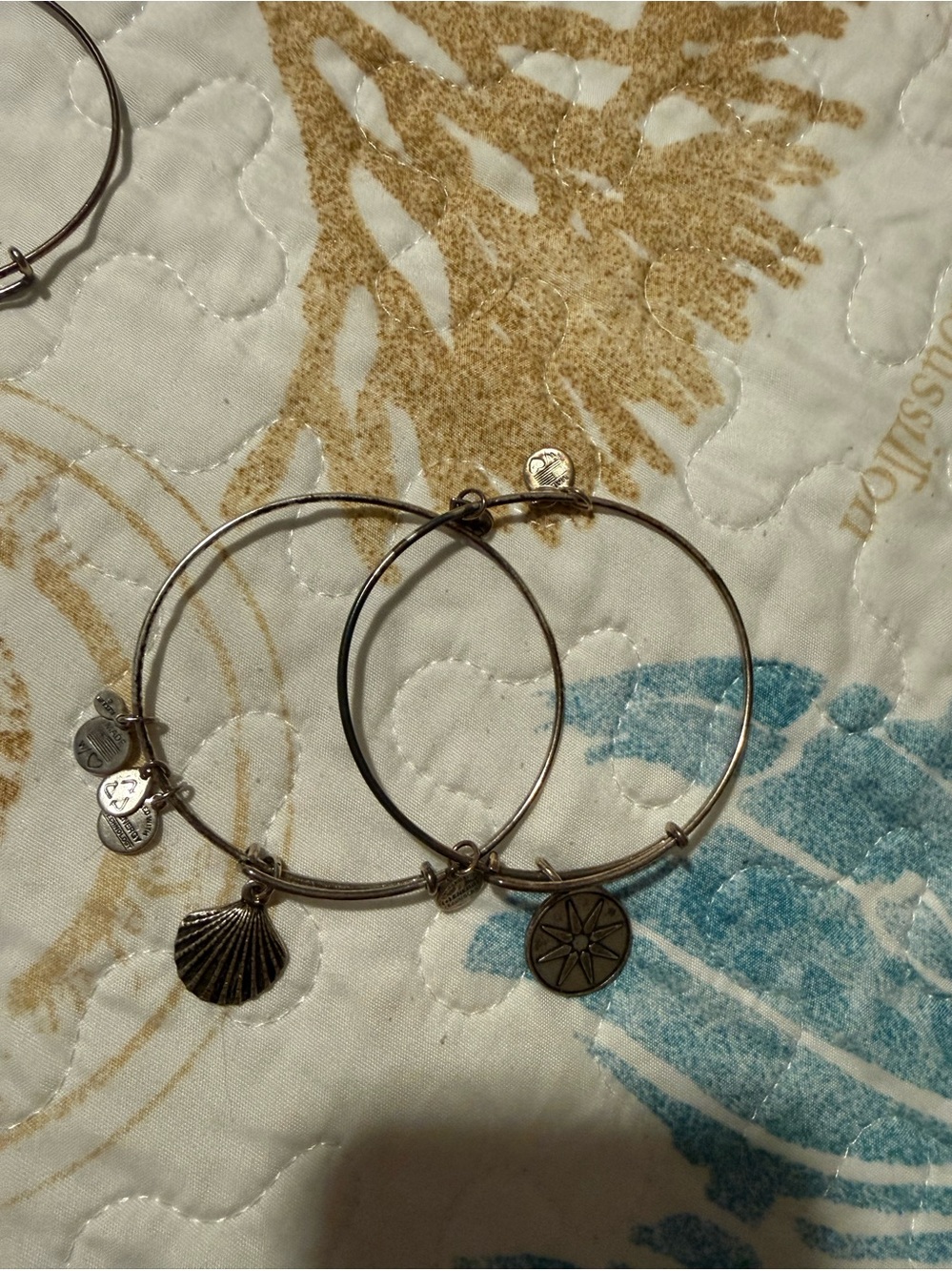 Alex and Ani 2 Silver Charm Bangle Bracelets with Shell and Compass Charms